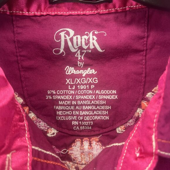 Rock 47 By Wrangler XL Western Shirt Snap Pink Embroidered Rodeo Rhinestone - Picture 9 of 15